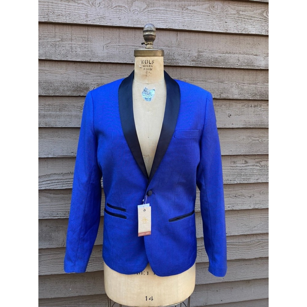 Original Penguin Mens Blazer Surf Blue Houndstooth Shawl Collar 1EHJ0026OP S
